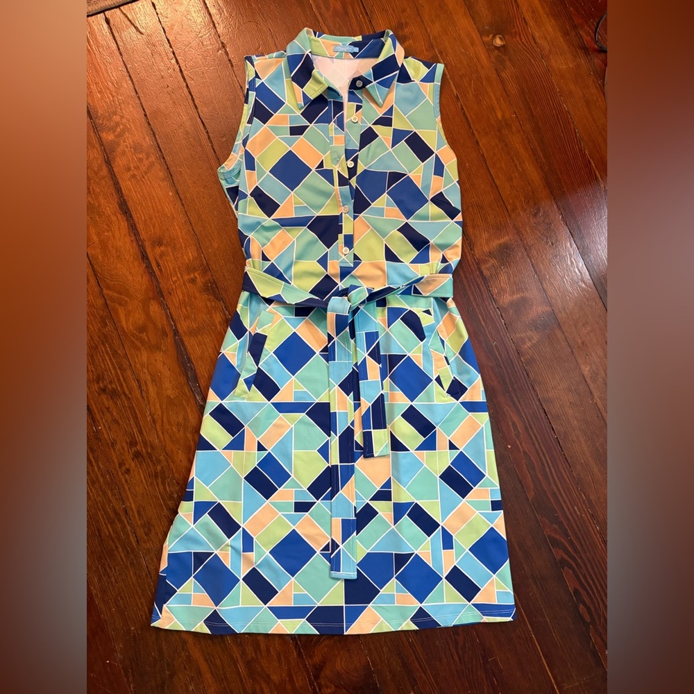 J. McLaughlin dolly blue belted geometric print tie waist Catalina dress size M - Picture 2 of 5